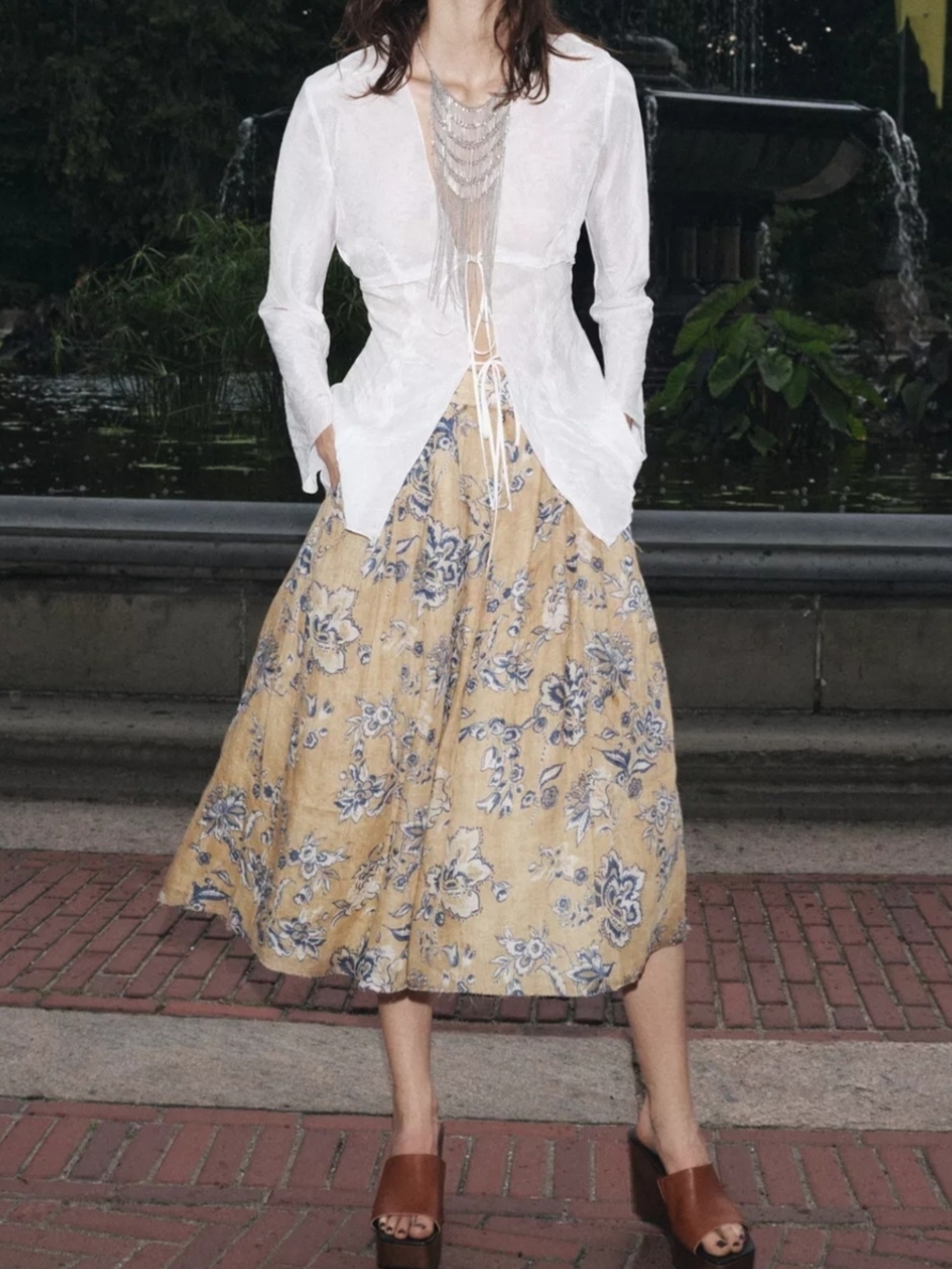Zara Beige Midi Skirt with Blue Floral Print L